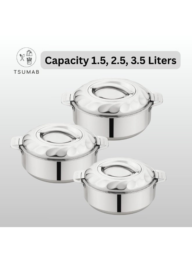 تسوماب طقم أواني طهي ساخنة معزولة من الفولاذ المقاوم للصدأ من TSUMAB - 3 قطع (1.5 لتر، 2.5 لتر، 3.5 لتر) | جدار مزدوج معزول من البولي يوريثان | يحافظ على الطعام ساخنًا وطازجًا | تصميم أنيق ومتين - Image 1